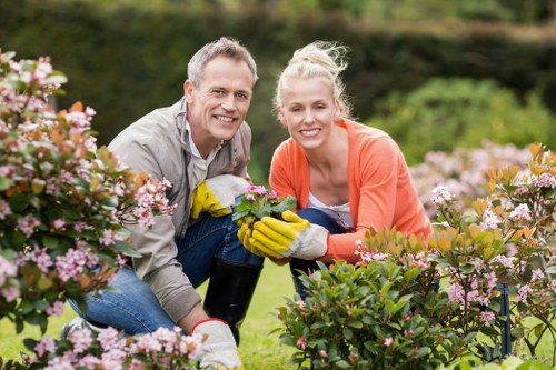 Gardening crew pruning a compact front garden near Abbey Wood high street